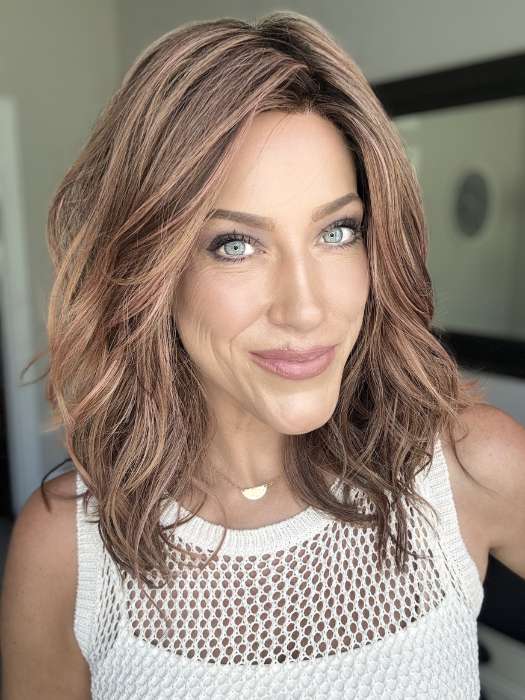 Kristyna Moore wearing TABU by ELLEN WILLE in color ROSEWOOD ROOTED | Medium Dark Brown Roots that Melt into a Mixture of Saddle Brown and Terra-Cotta Tones with Dark Roots