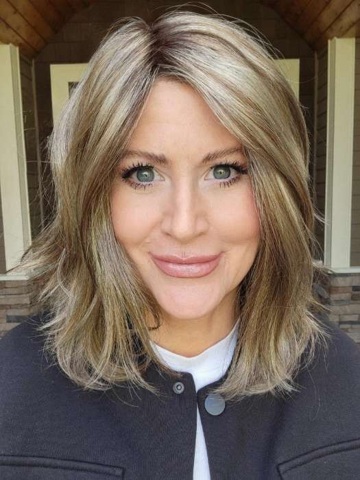 Natalie @vanish.into.thin.hair wearing DESTINY by ELLEN WILLE in color SAND MULTI ROOTED | Lightest Brown and Medium Ash Blonde Blend with Light Brown Roots