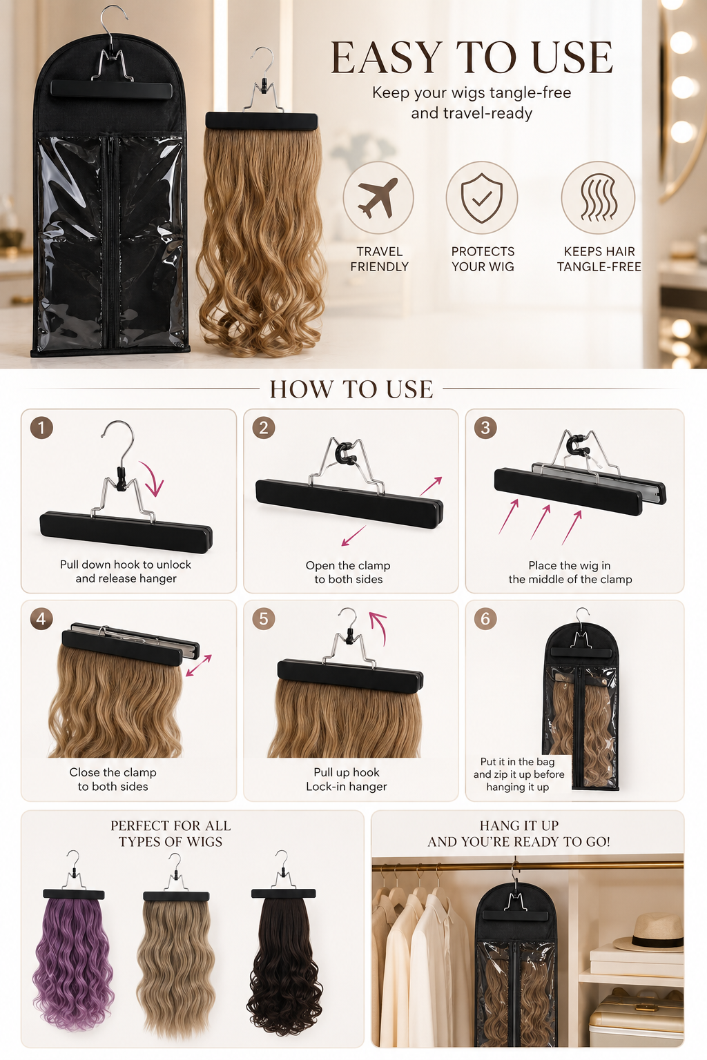 Wig Storage Bag with Zipper Front and Hanger