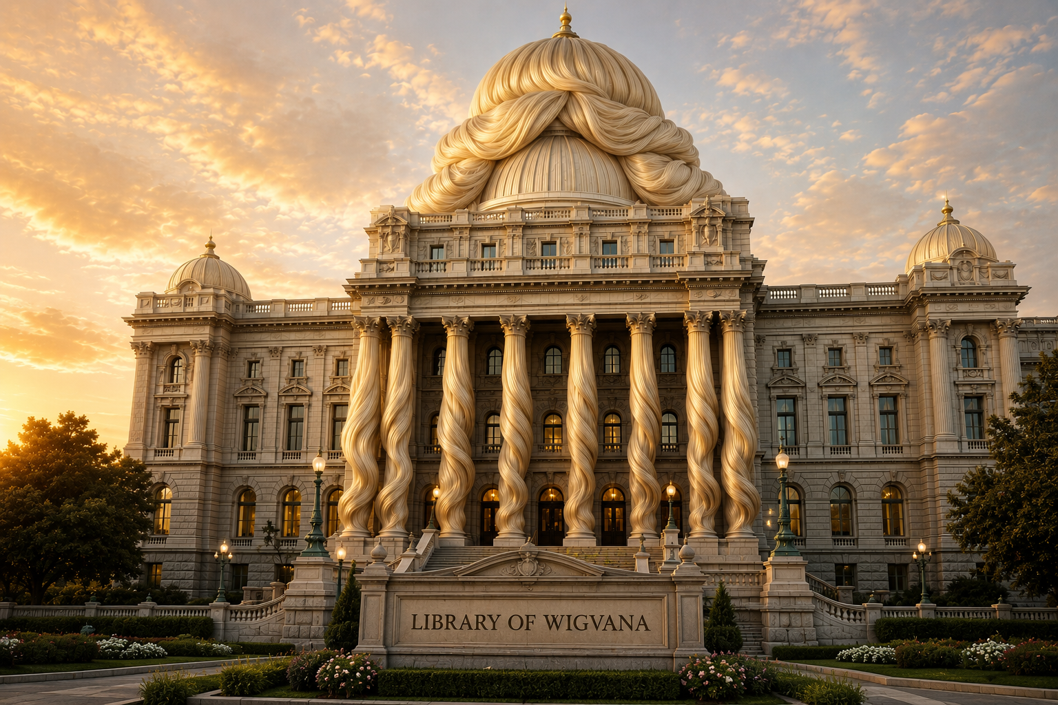 Library of Wigvana — ornate library building with wig-inspired columns and dome