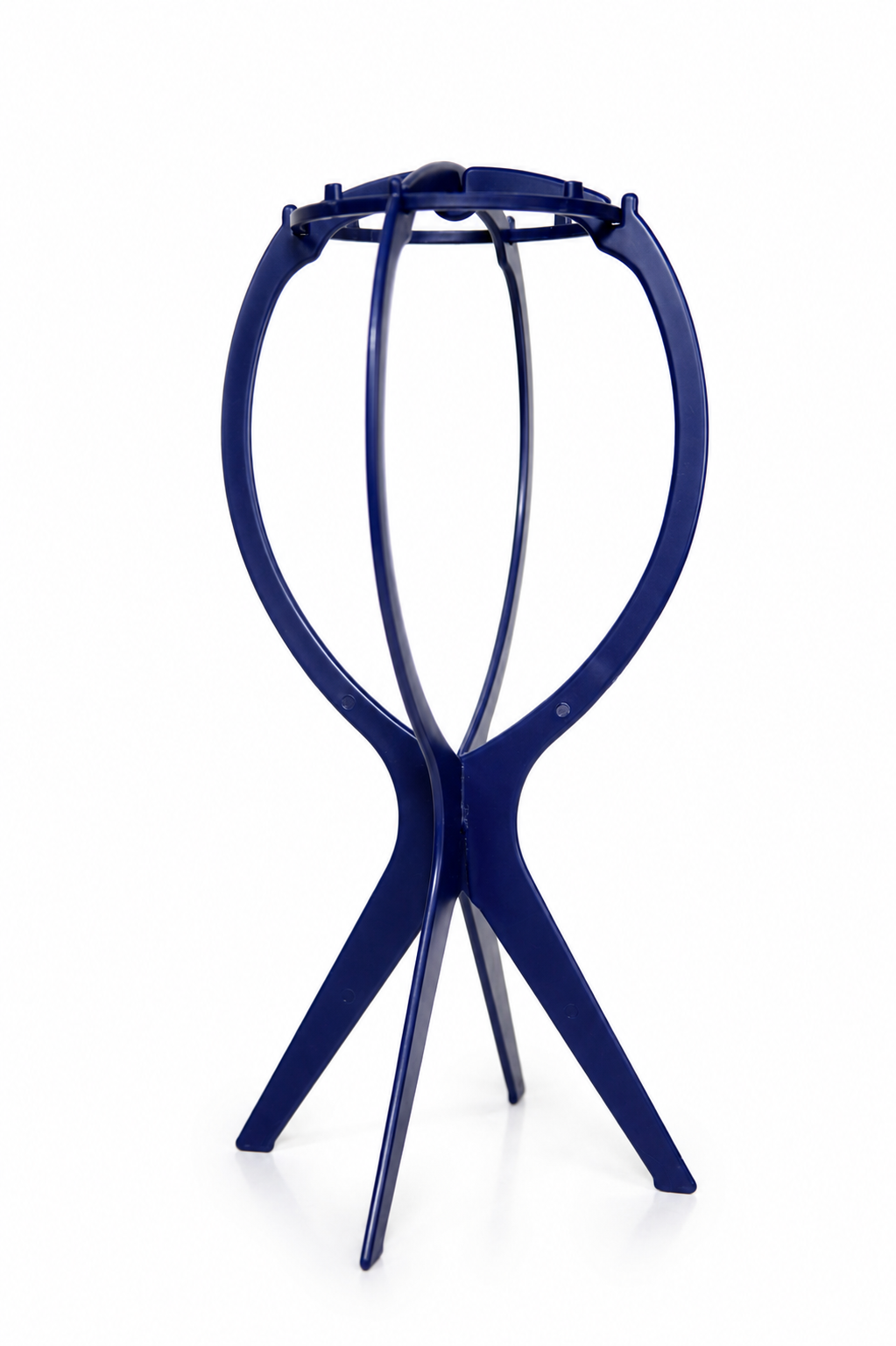 Plastic wig stand in blue